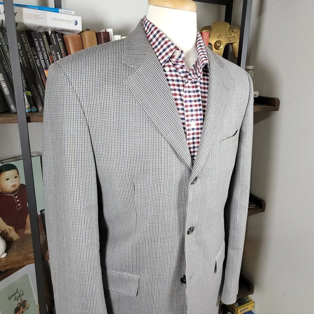 Jones New York Men's Sport Coat Three Button Gray Houndstooth Silk Wool Size 40L